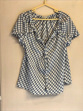Max Studio Plaid Ruffle Sleeve Blouse in Blue & White Size Large